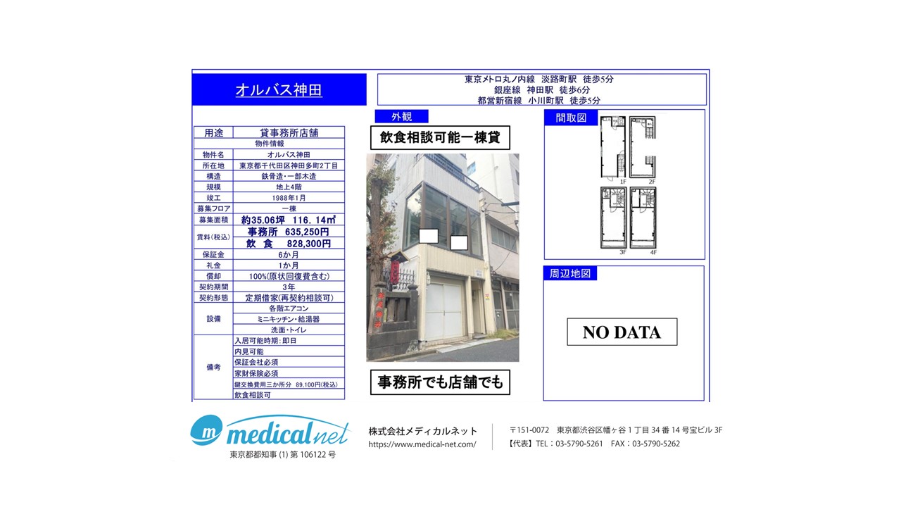 都営新宿線「小川町」駅より徒歩5分、4階建て一棟貸し物件です。